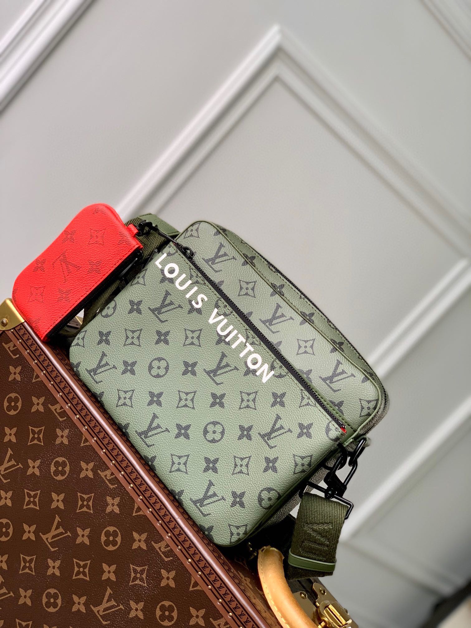 Louis Vuitton Olive Green Monogram Crossbody Bag with Detachable Red Pouch
