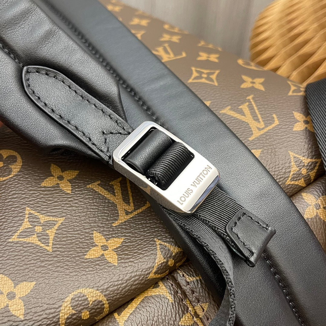 Louis Vuitton Luxury Brown Monogram Pattern Canvas Backpack with Black Leather Trim