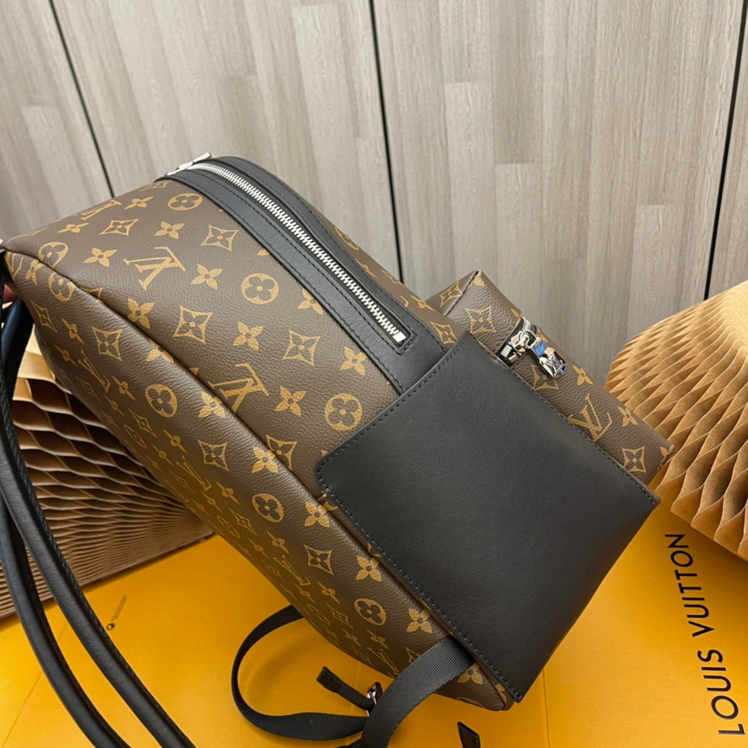 Louis Vuitton Luxury Brown Monogram Pattern Canvas Backpack with Black Leather Trim