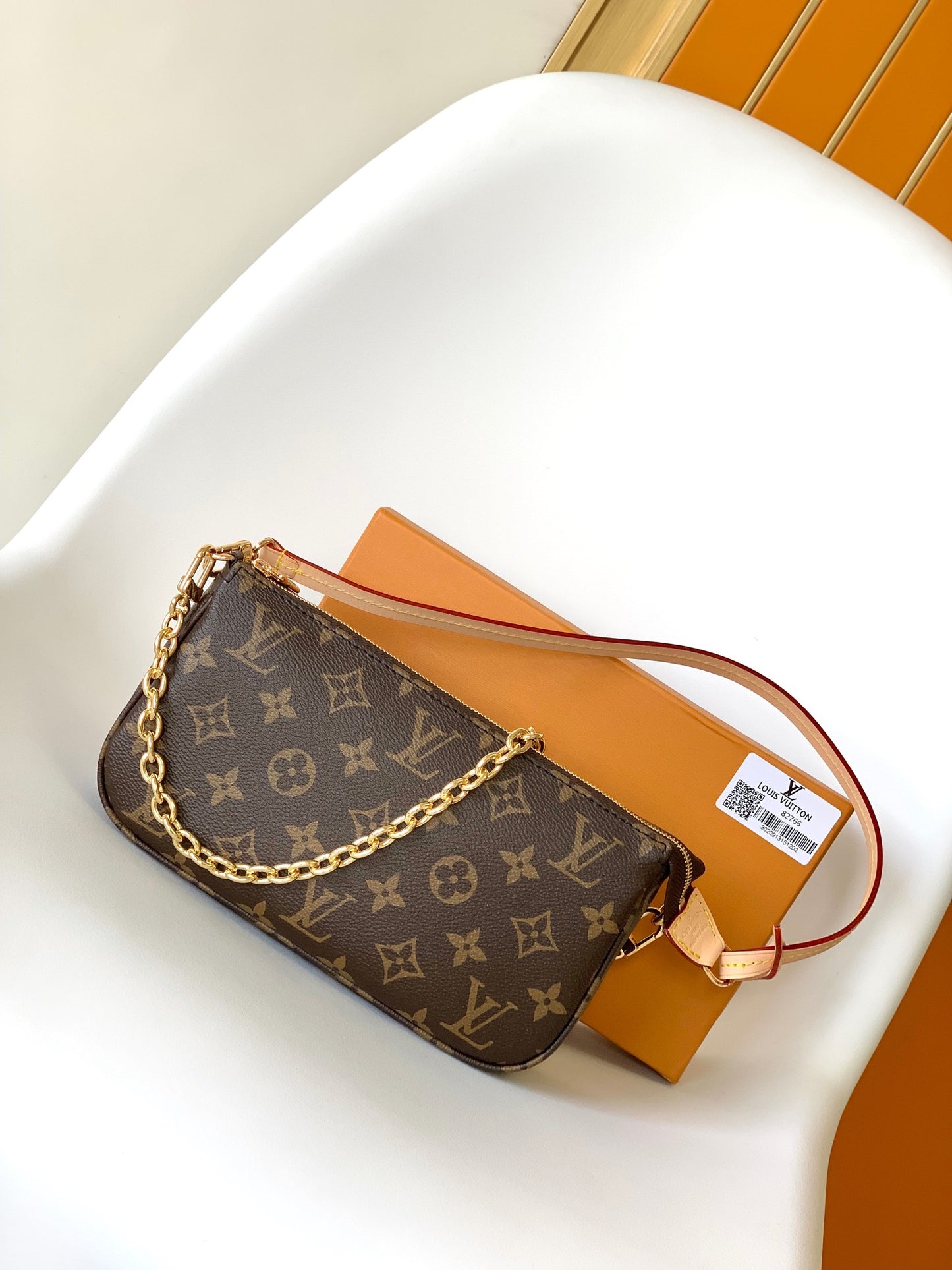 Louis Vuitton Brown Monogram Canvas Pochette Shoulder Bag with Gold Chain