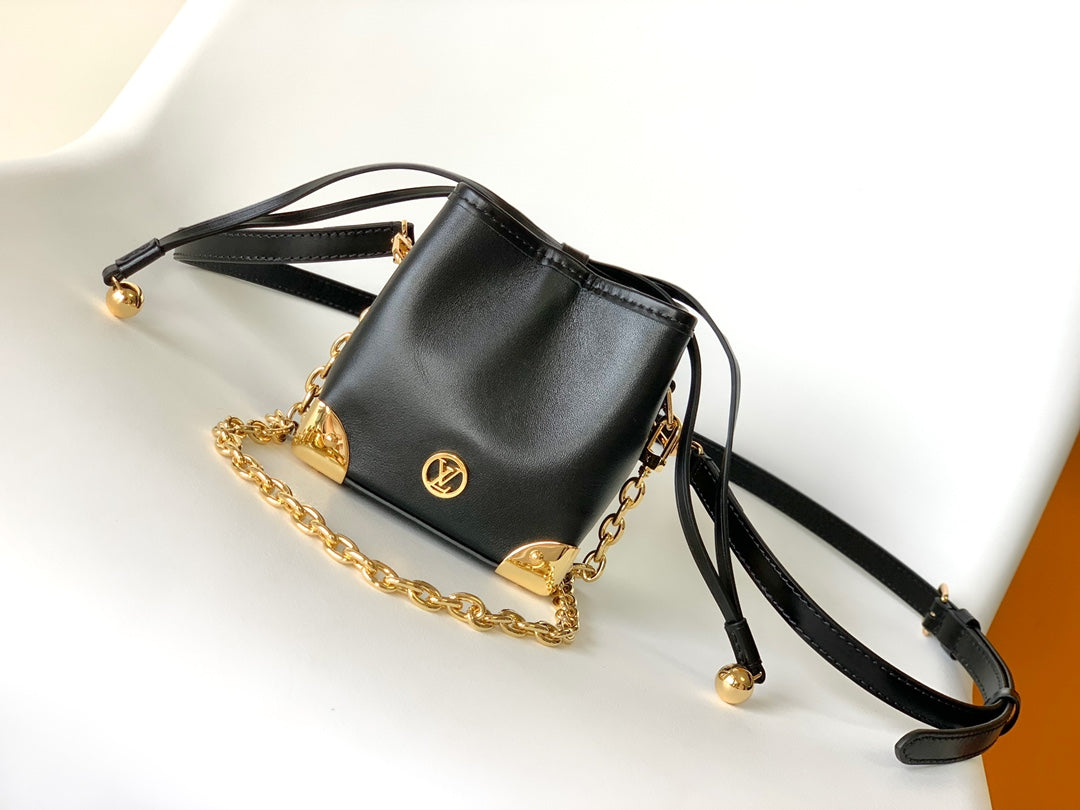 Louis Vuitton Luxury Black Leather Bucket Crossbody Bag with Gold Hardware