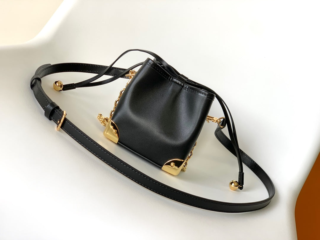 Louis Vuitton Luxury Black Leather Bucket Crossbody Bag with Gold Hardware