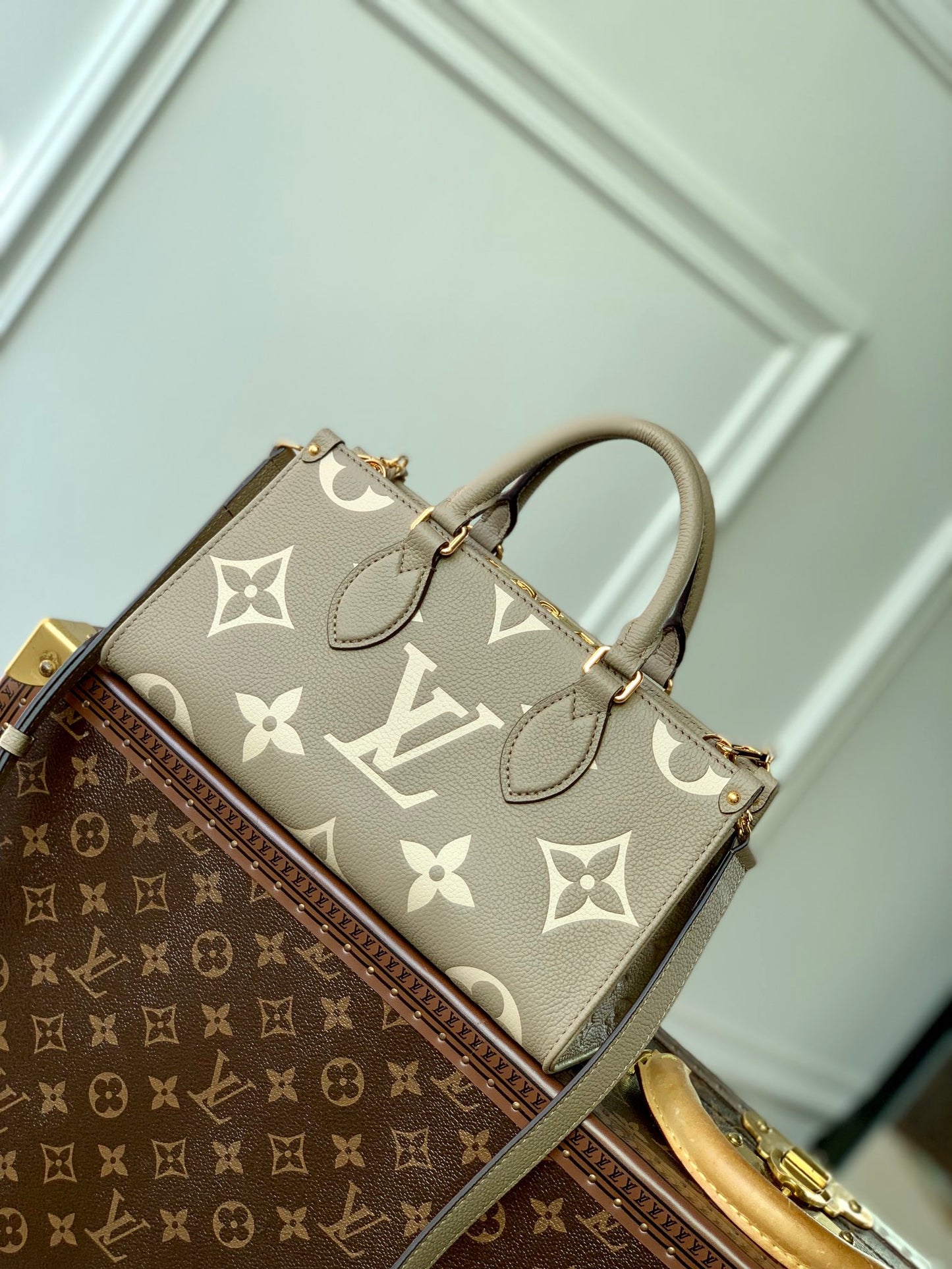Louis Vuitton Taupe Embossed Leather Top Handle Handbag with Gold Chain Strap