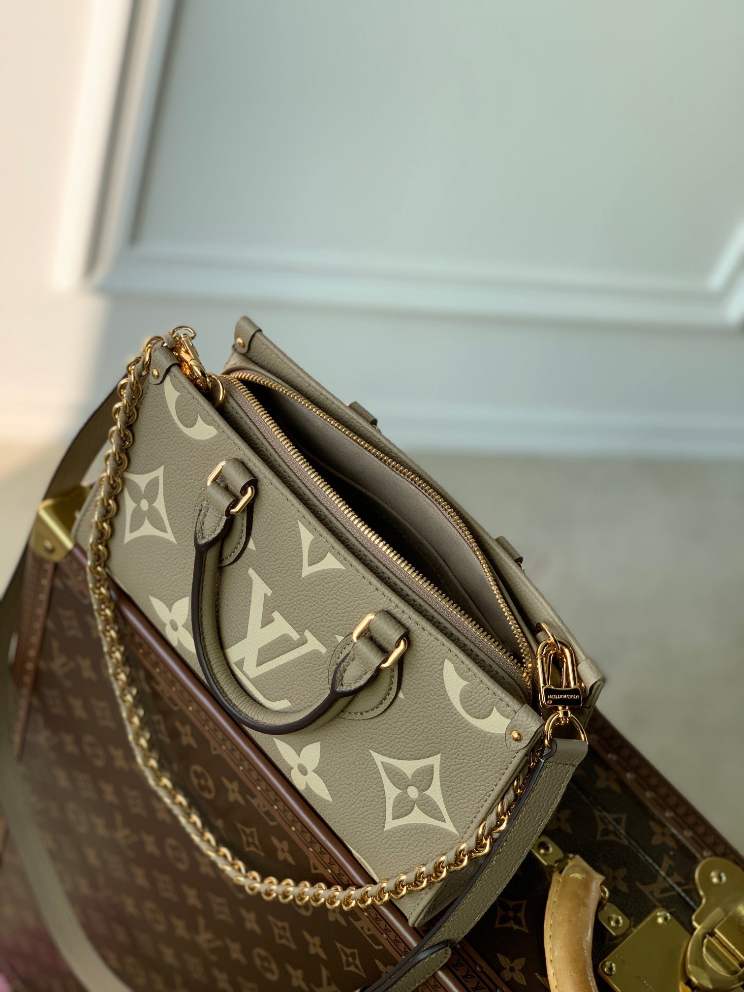 Louis Vuitton Taupe Embossed Leather Top Handle Handbag with Gold Chain Strap