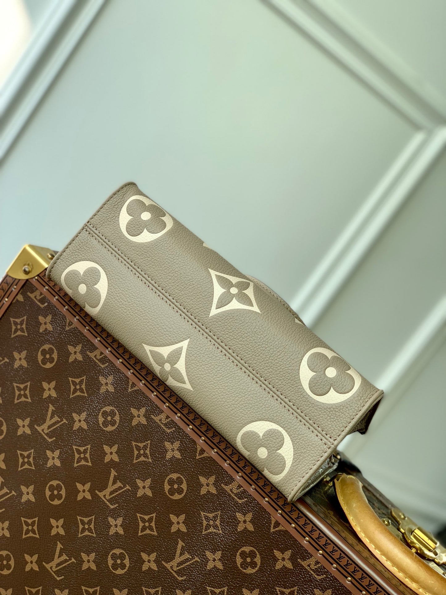 Louis Vuitton Taupe Embossed Leather Top Handle Handbag with Gold Chain Strap
