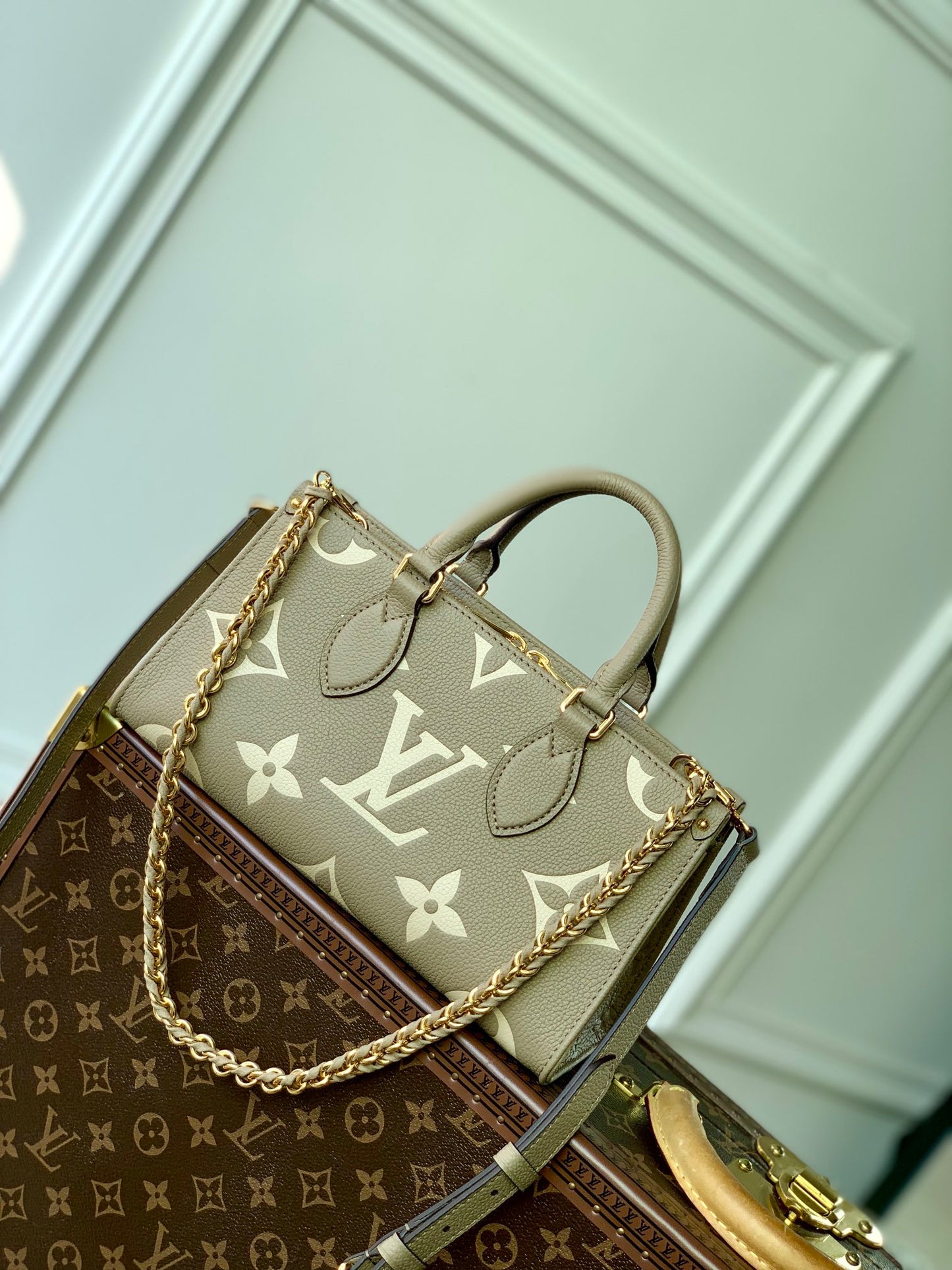 Louis Vuitton Taupe Embossed Leather Top Handle Handbag with Gold Chain Strap