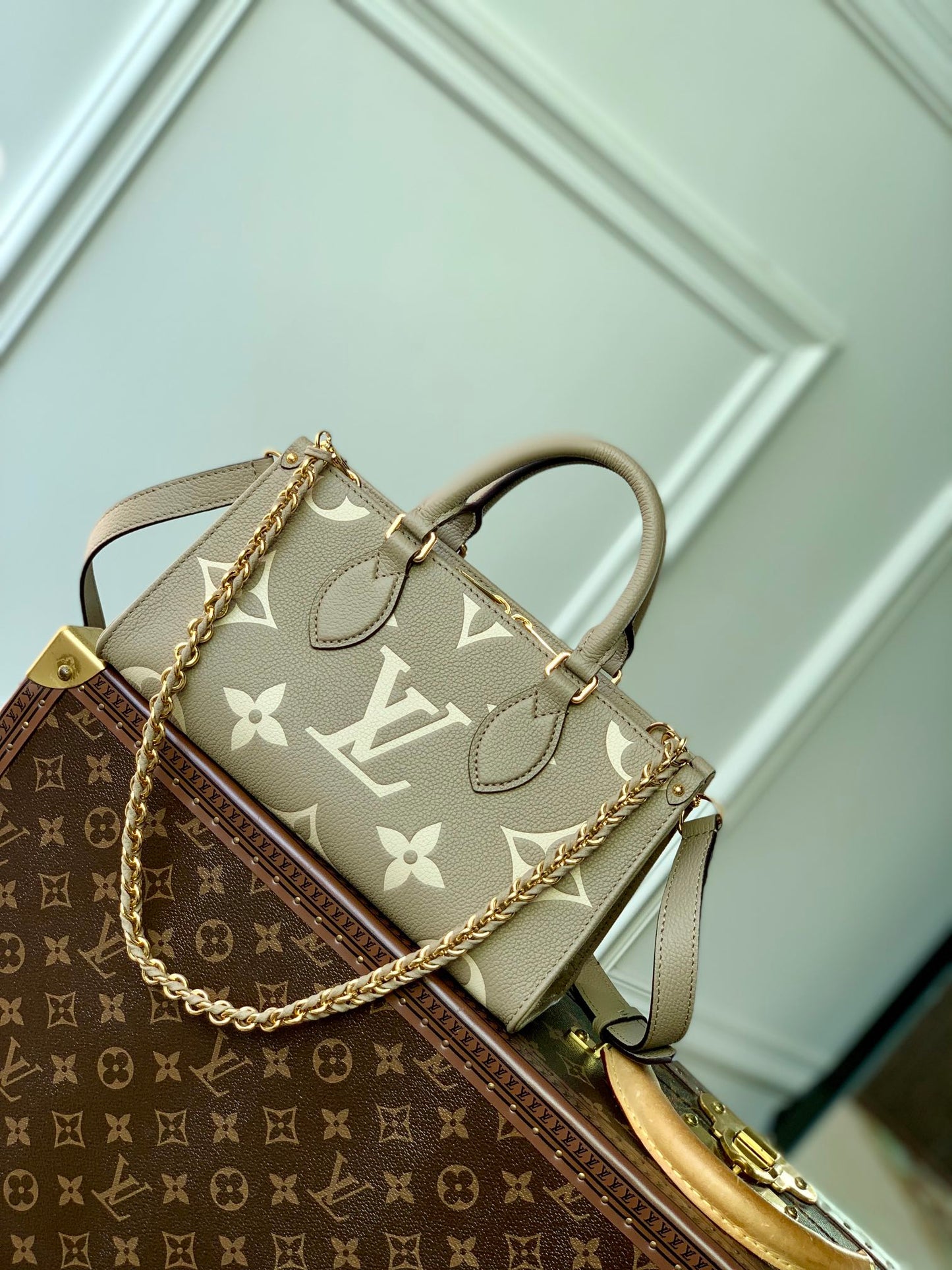 Louis Vuitton Taupe Embossed Leather Top Handle Handbag with Gold Chain Strap