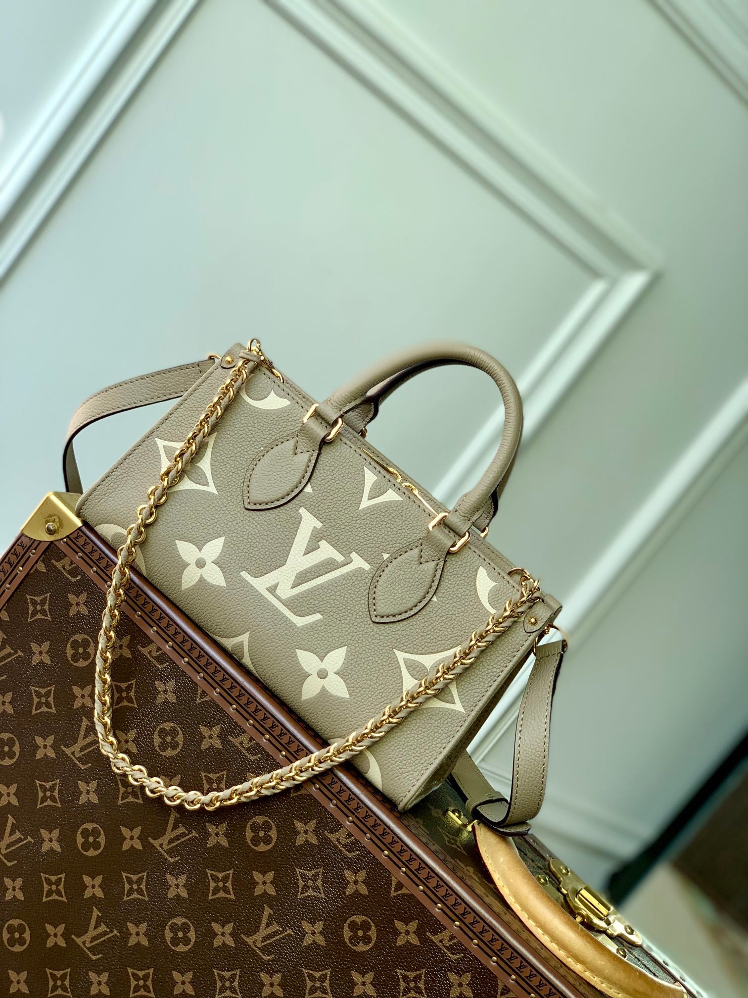 Louis Vuitton Taupe Embossed Leather Top Handle Handbag with Gold Chain Strap