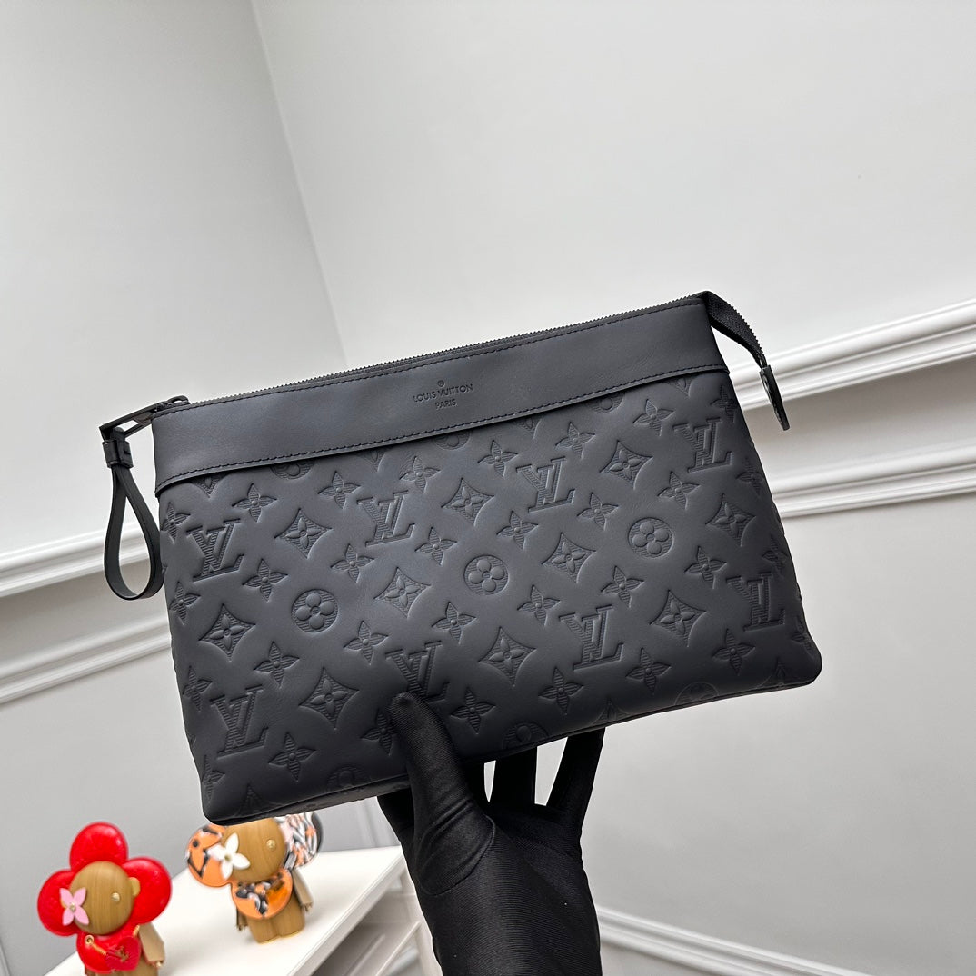 Louis Vuitton Black Embossed Leather Monogram Clutch Bag Zipper Pouch