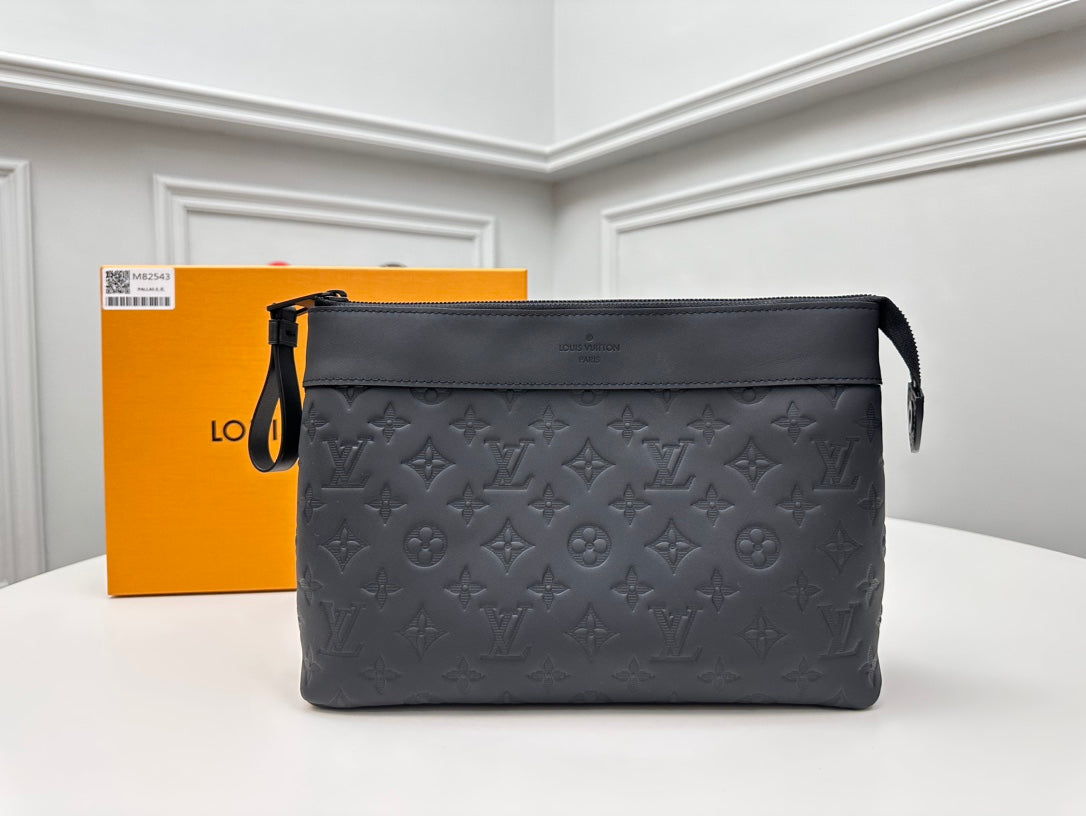 Louis Vuitton Black Embossed Leather Monogram Clutch Bag Zipper Pouch