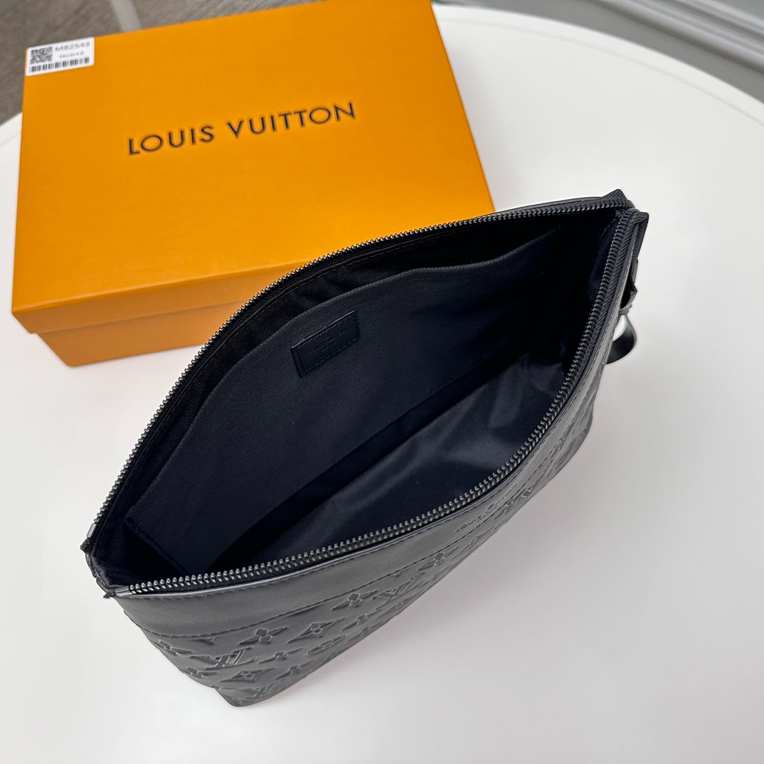 Louis Vuitton Black Embossed Leather Monogram Clutch Bag Zipper Pouch