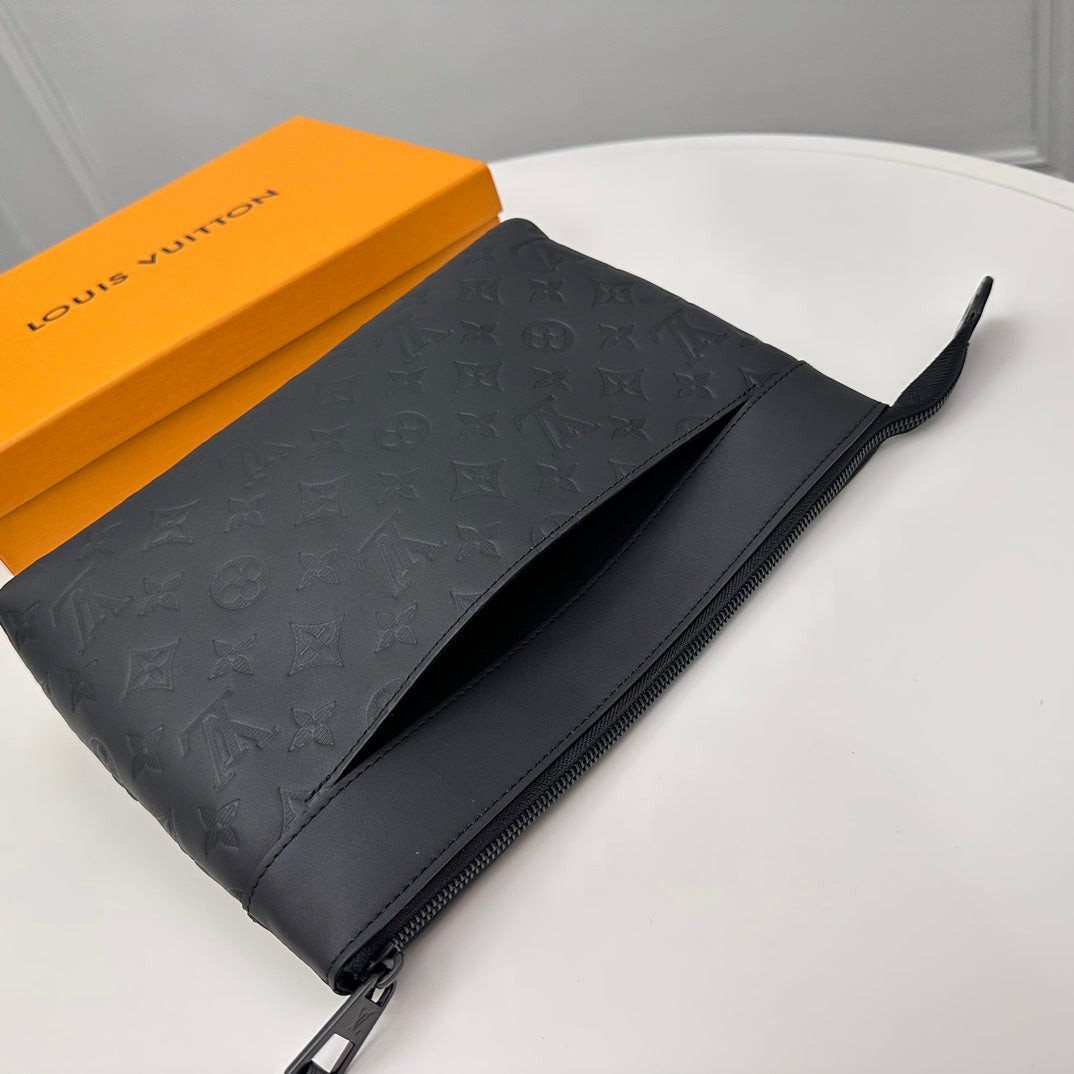 Louis Vuitton Black Embossed Leather Monogram Clutch Bag Zipper Pouch