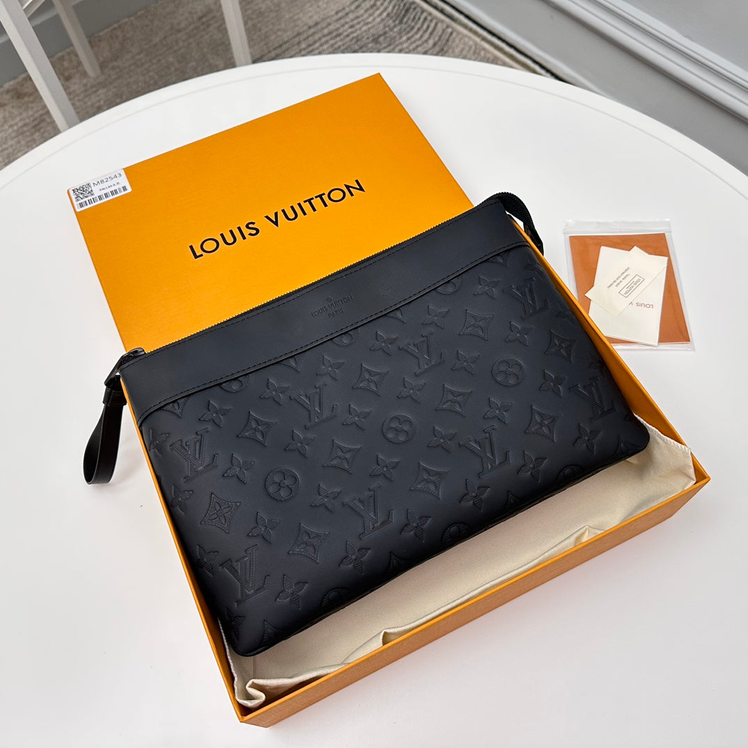 Louis Vuitton Black Embossed Leather Monogram Clutch Bag Zipper Pouch