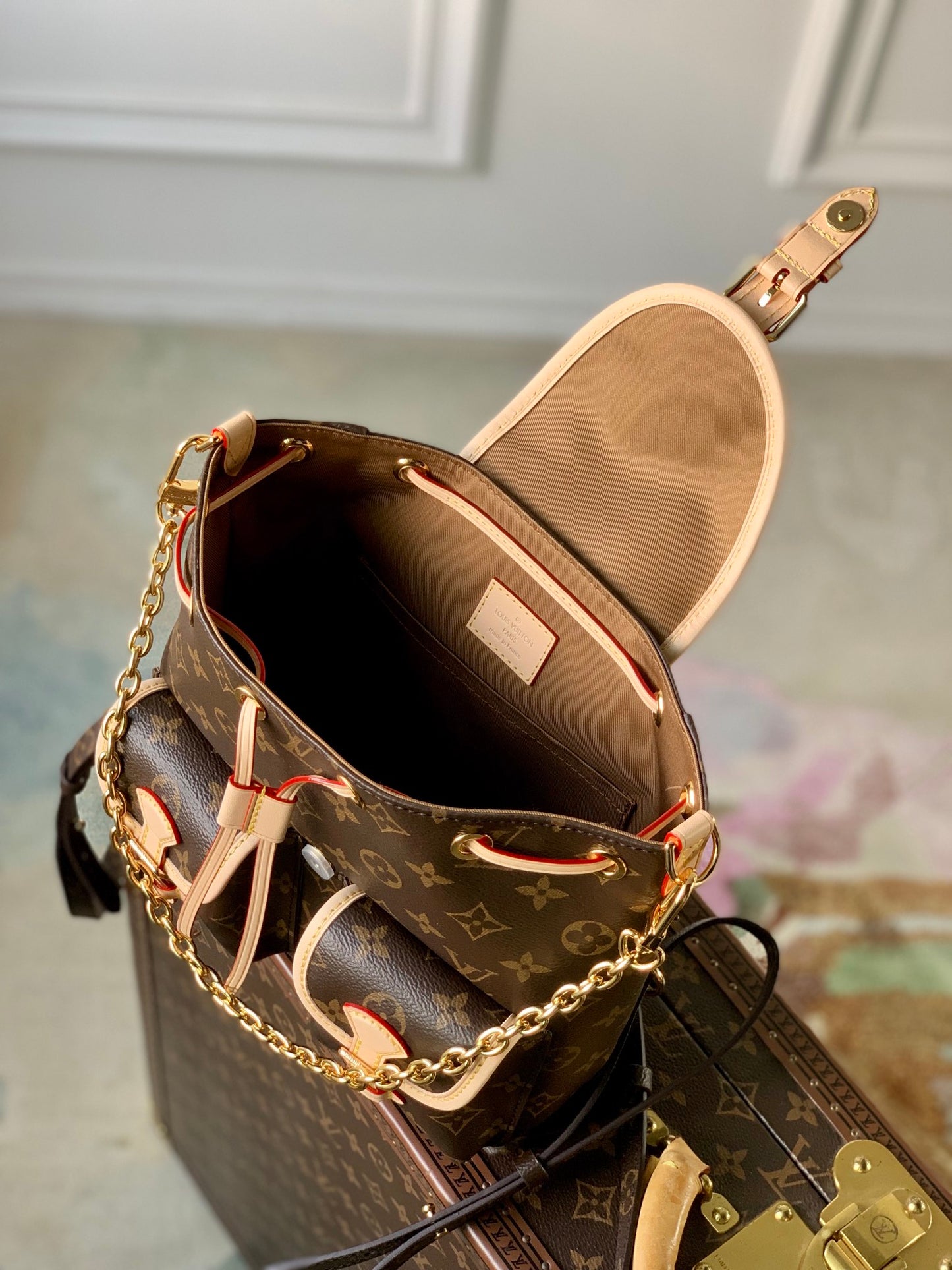 Louis Vuitton Vintage Brown Monogram Drawstring Backpack with Leather Trim