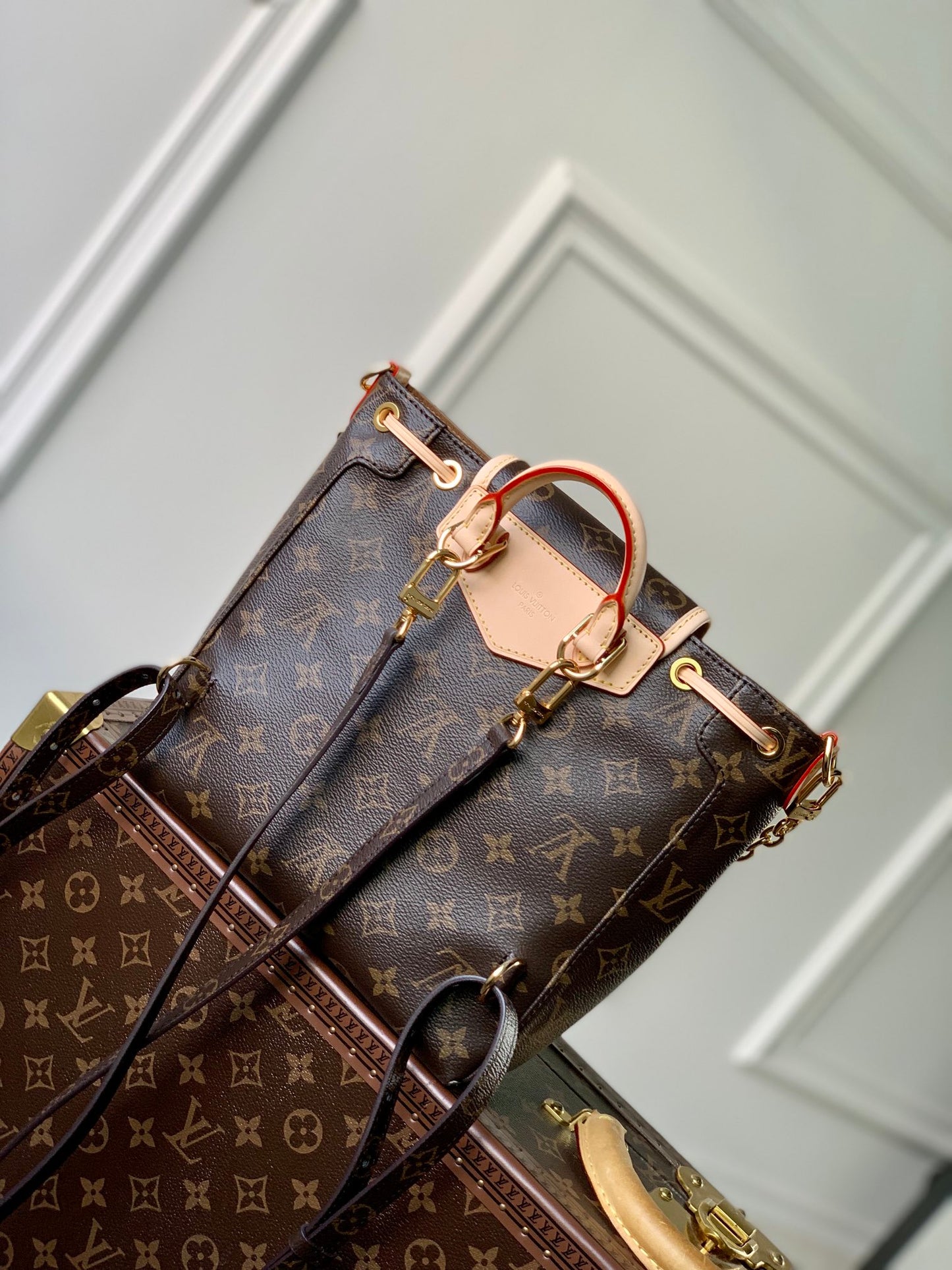 Louis Vuitton Vintage Brown Monogram Drawstring Backpack with Leather Trim