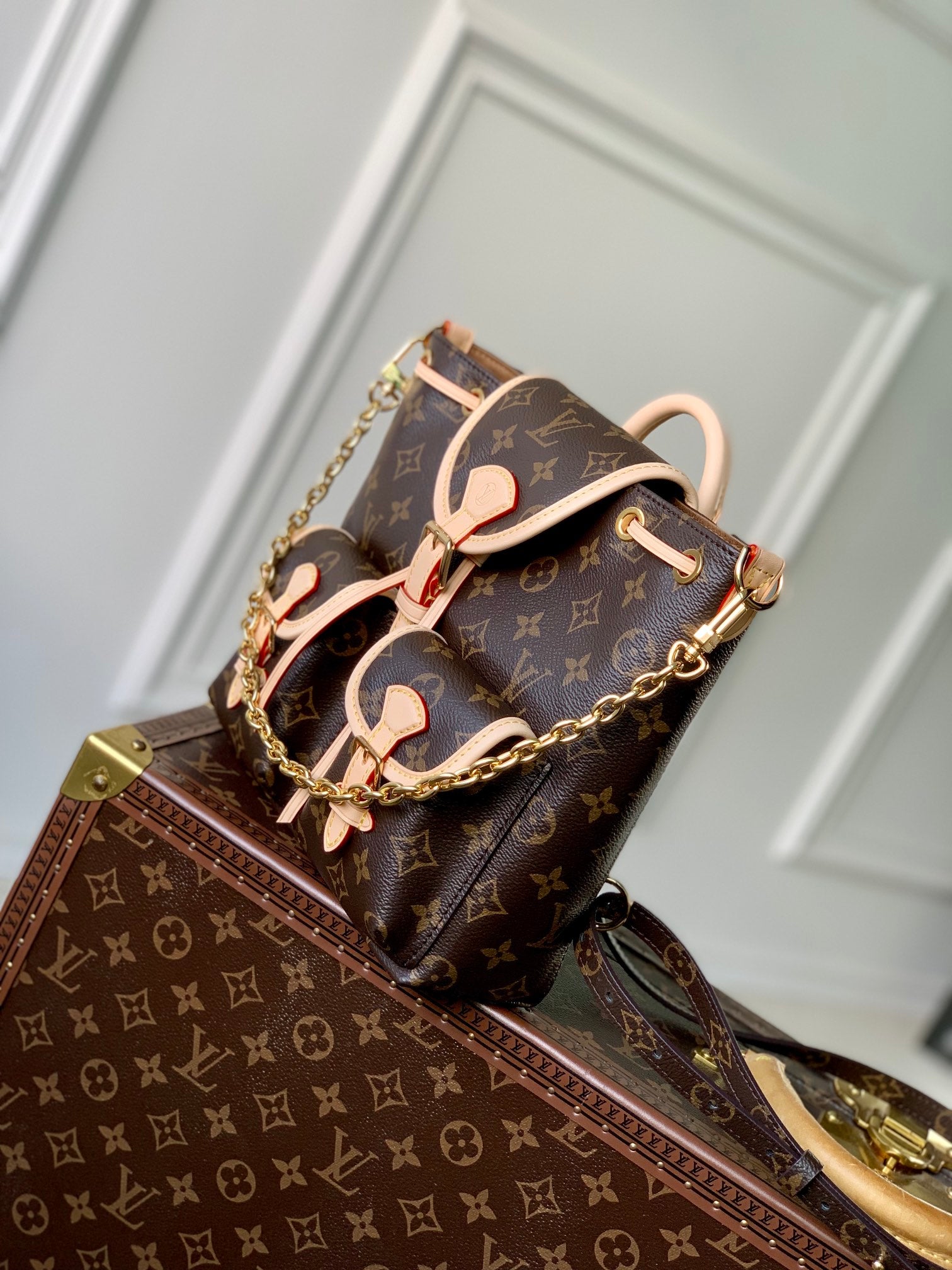 Louis Vuitton Vintage Brown Monogram Drawstring Backpack with Leather Trim