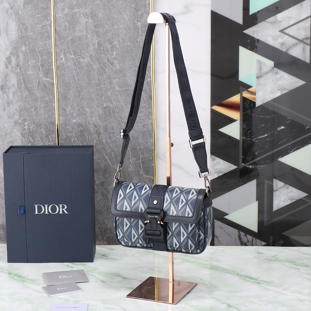 Dior Grey Geometric Pattern Crossbody Messenger Bag with Buckle