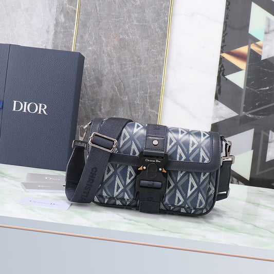 Dior Grey Geometric Pattern Crossbody Messenger Bag with Buckle