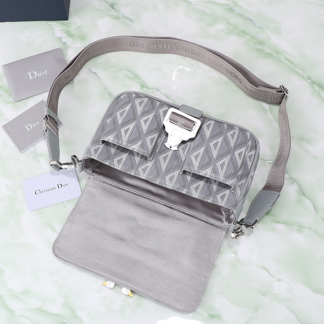 Dior Grey Geometric Print Crossbody Messenger Bag with Utility Buckle