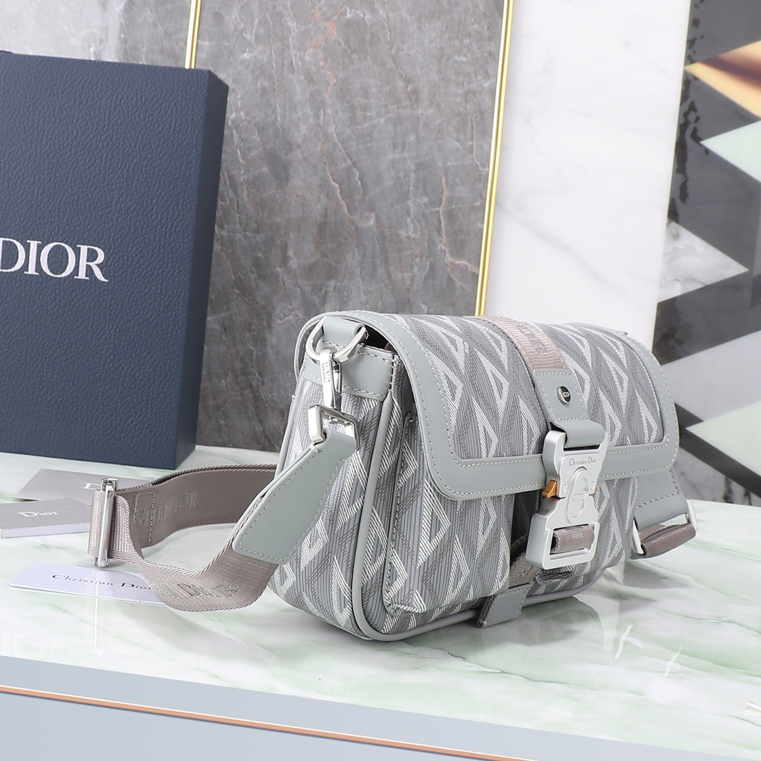 Dior Grey Geometric Print Crossbody Messenger Bag with Utility Buckle