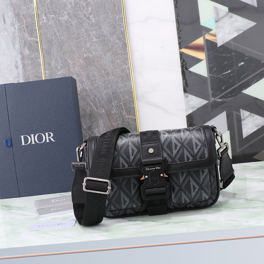 Dior Black CD Diamond Canvas Messenger Bag with Adjustable Strap