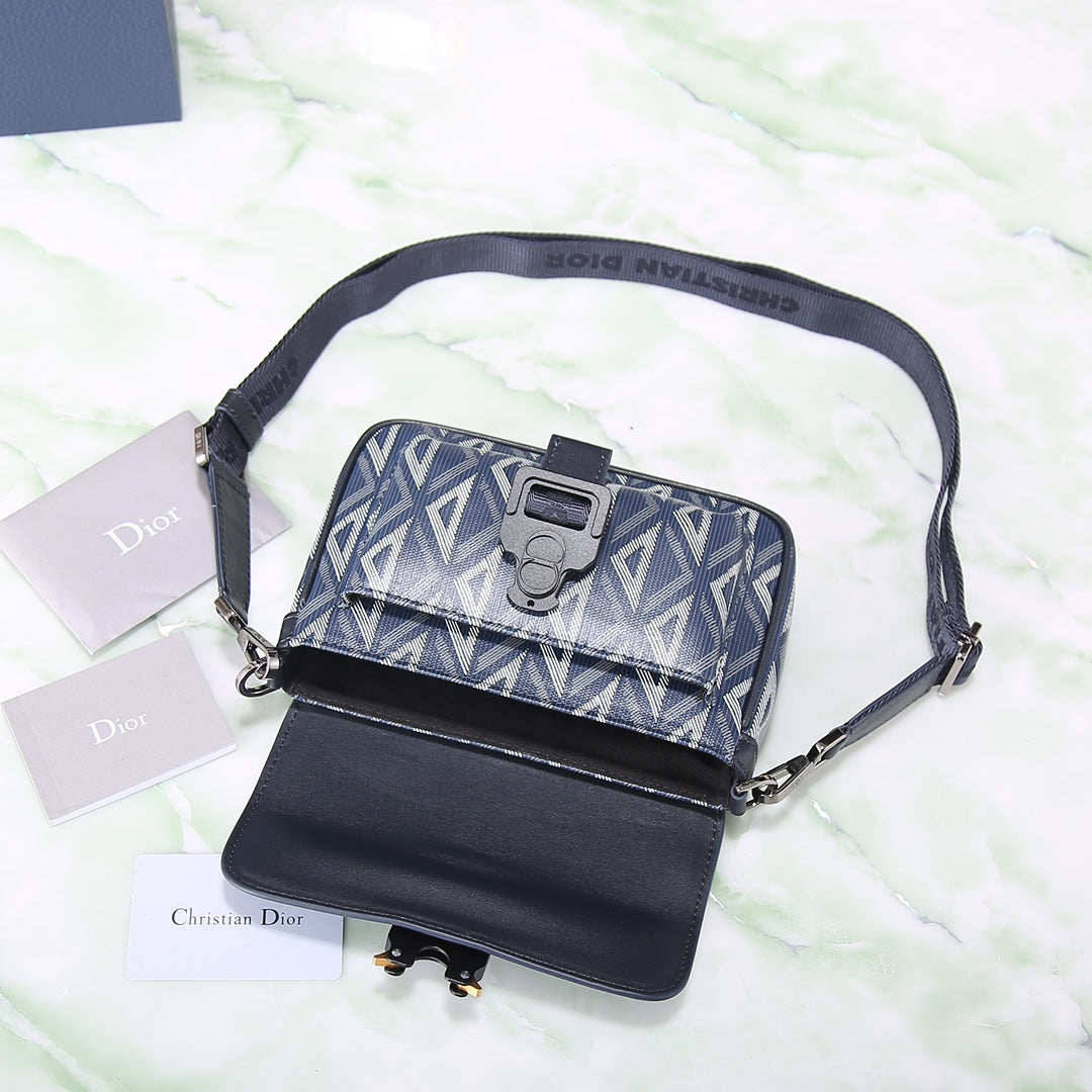 Dior Grey Geometric Diamond Pattern Crossbody Bag with Buckle Closure