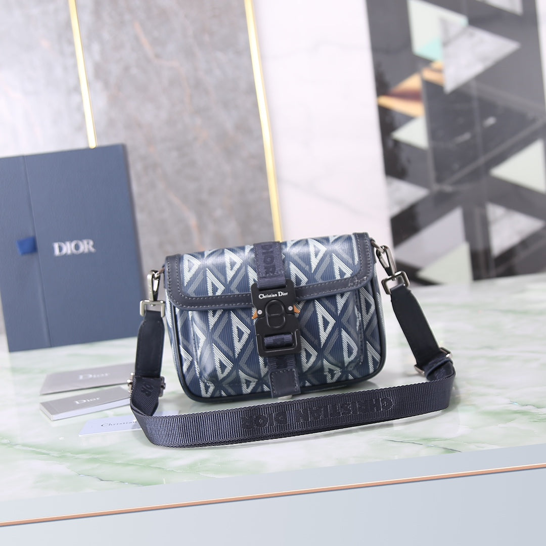 Dior Grey Geometric Diamond Pattern Crossbody Bag with Buckle Closure