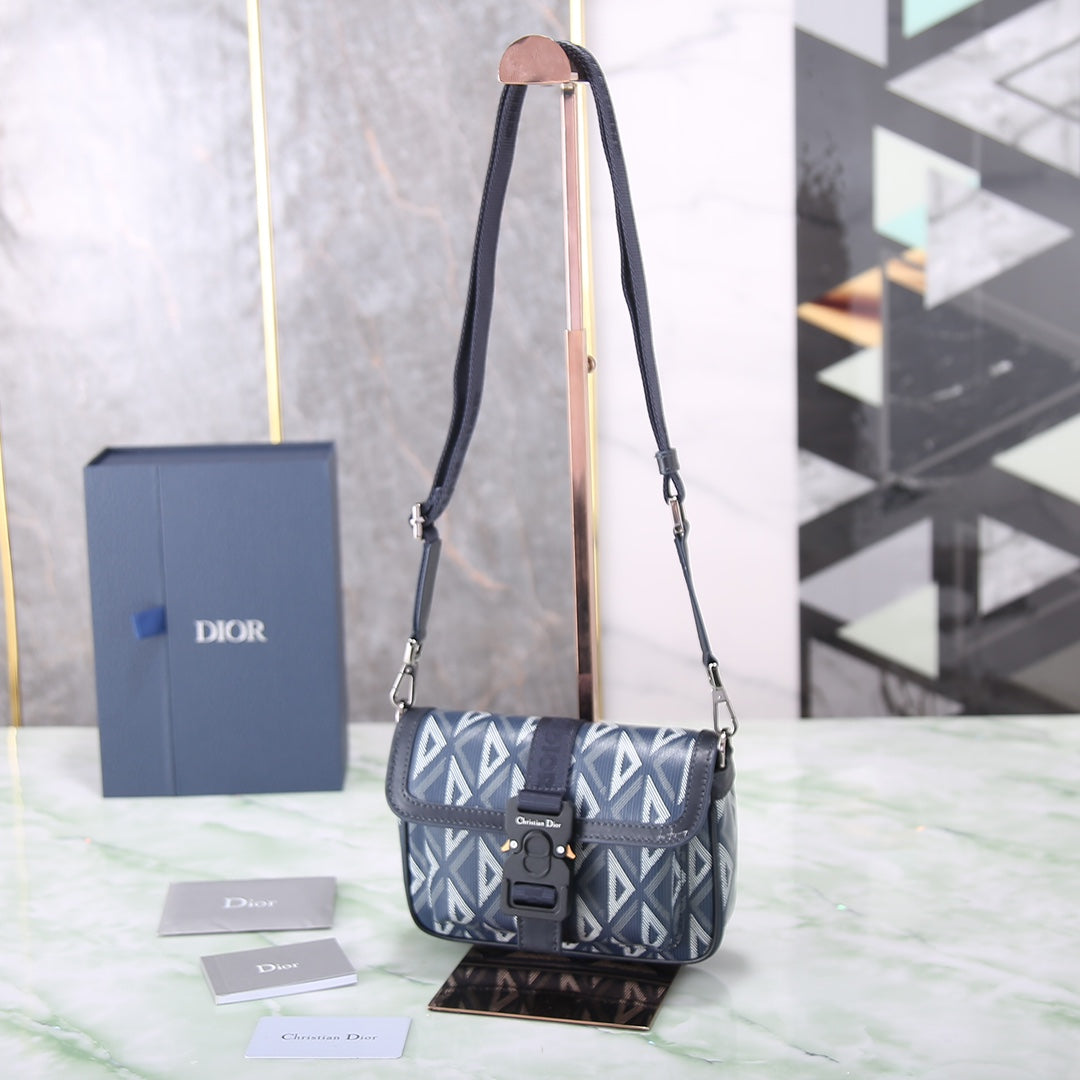Dior Grey Geometric Diamond Pattern Crossbody Bag with Buckle Closure
