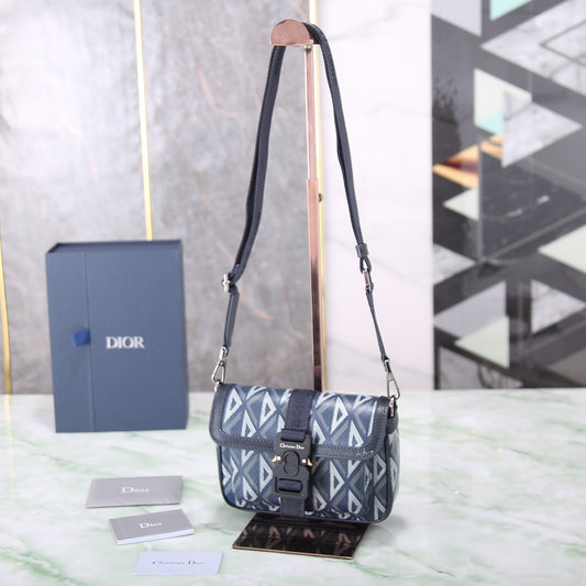 Dior Grey Geometric Diamond Pattern Crossbody Bag with Buckle Closure