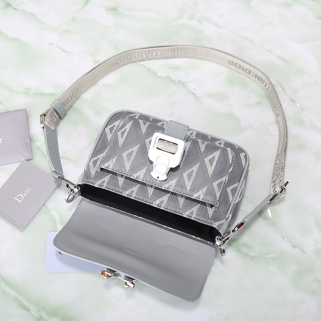 Dior Modern Grey Geometric Print Canvas Shoulder Bag with Metal Buckle