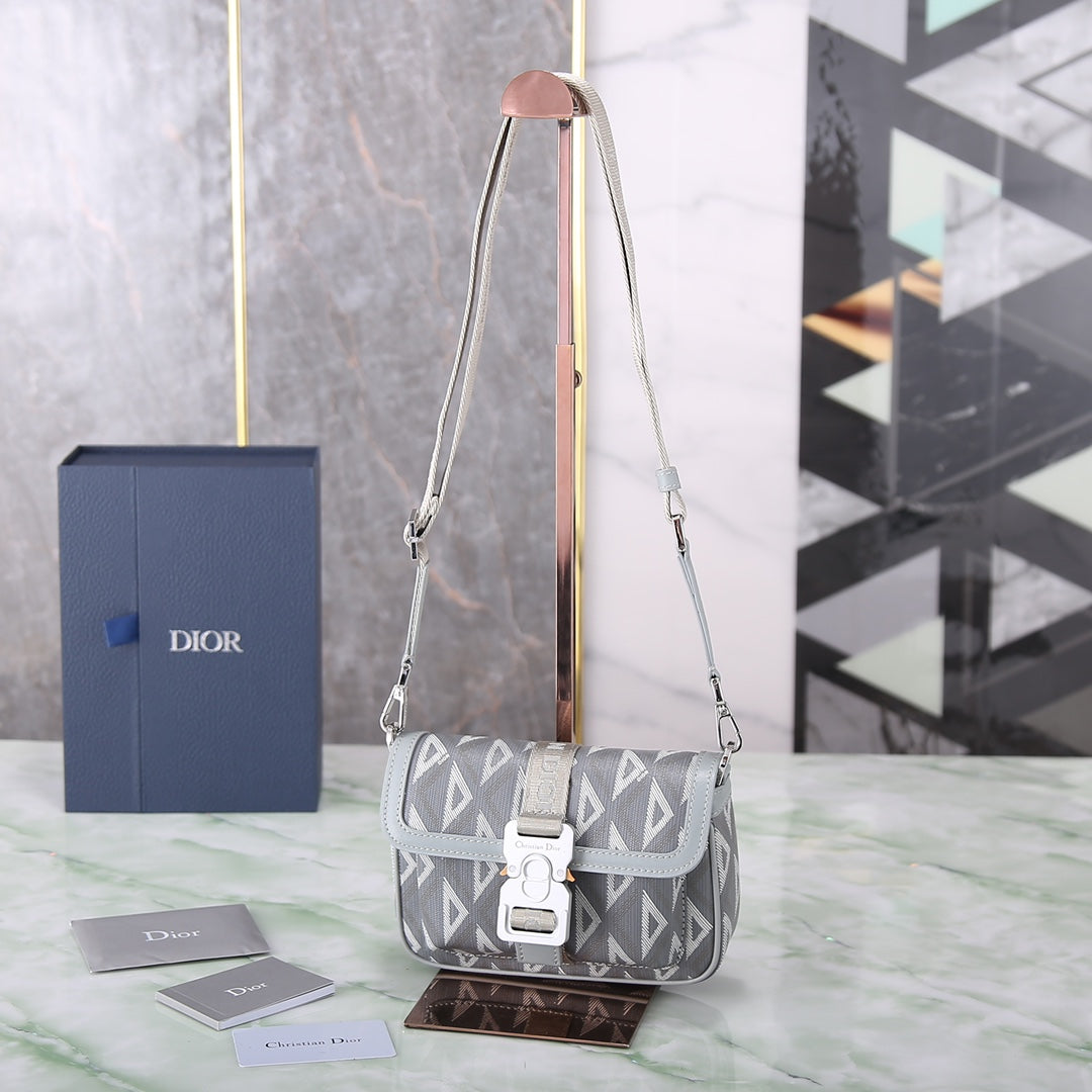 Dior Modern Grey Geometric Print Canvas Shoulder Bag with Metal Buckle
