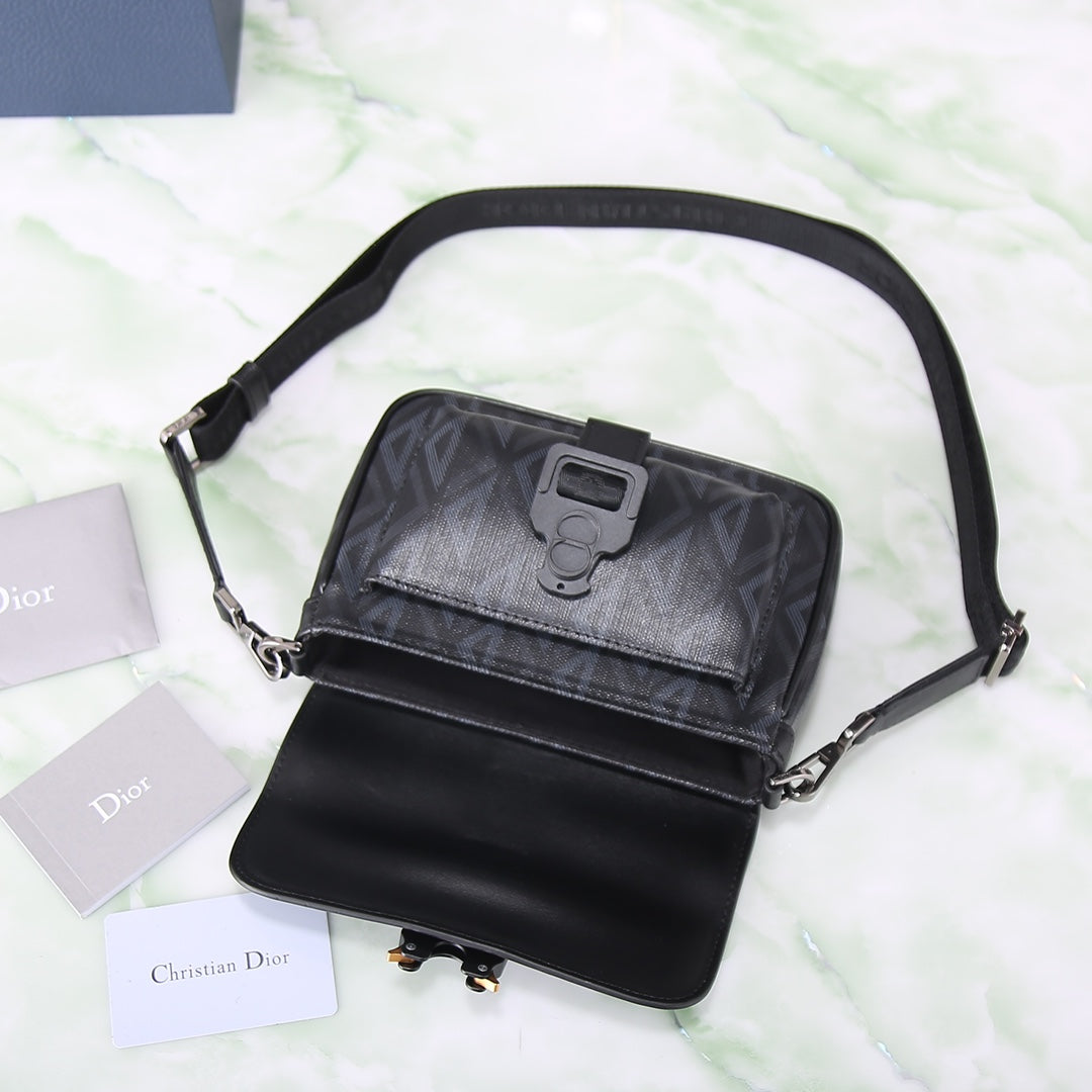 Dior Black Diamond Pattern Crossbody Messenger Bag with Buckle