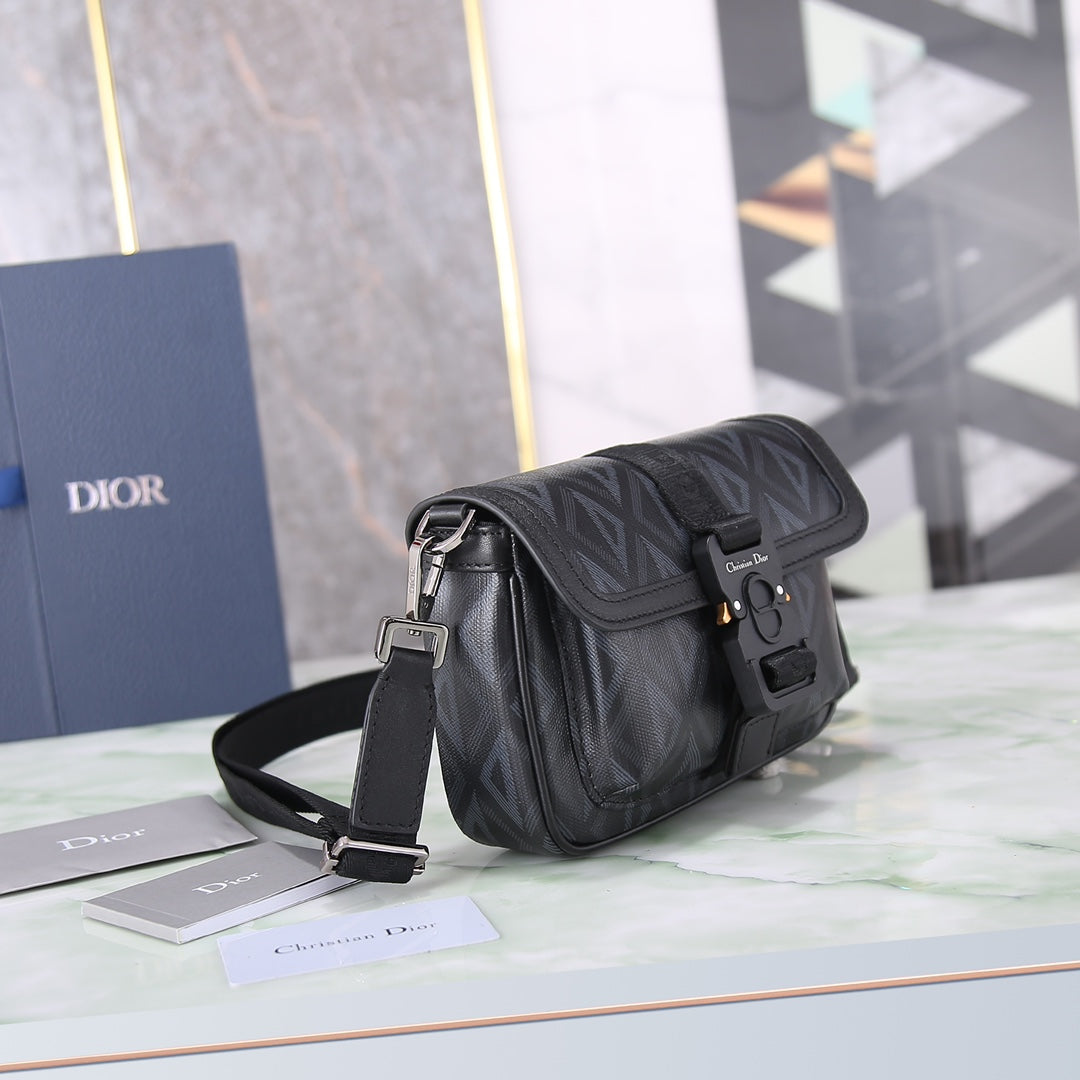 Dior Black Diamond Pattern Crossbody Messenger Bag with Buckle