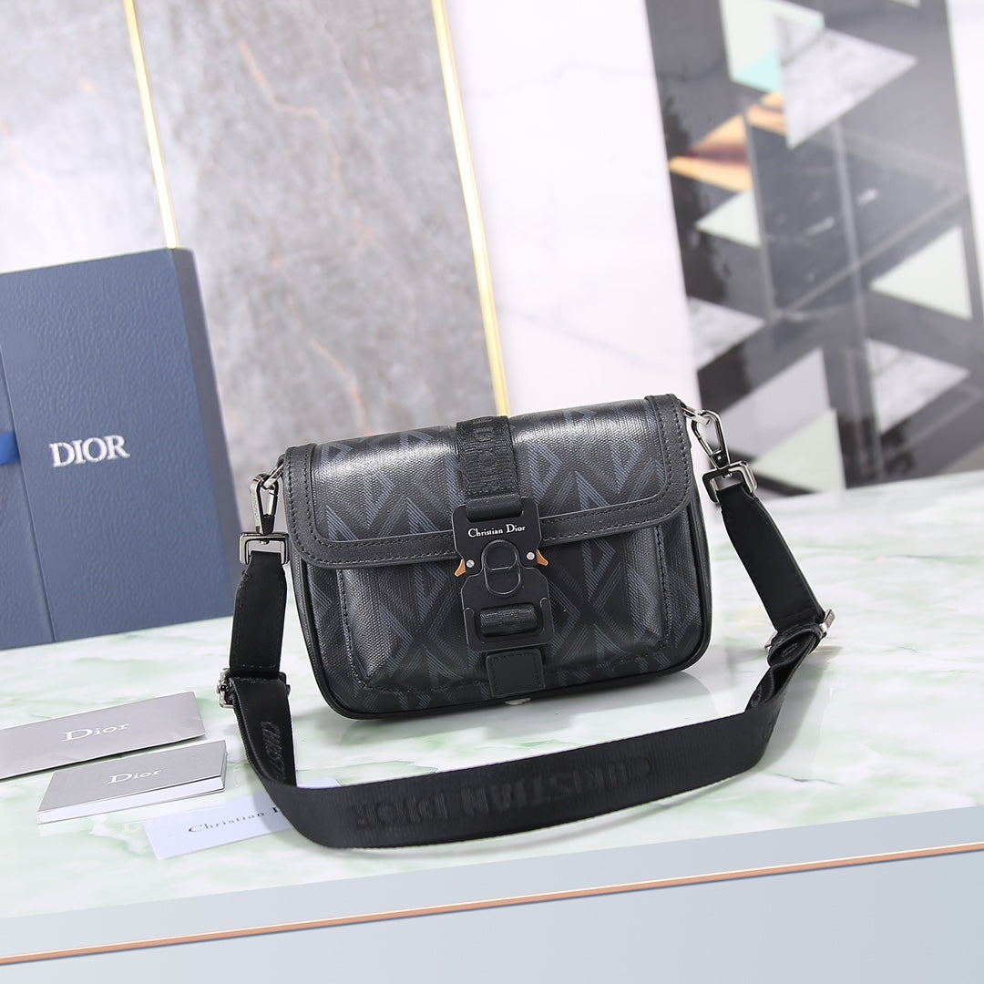 Dior Black Diamond Pattern Crossbody Messenger Bag with Buckle