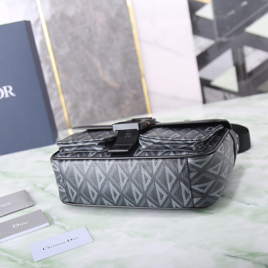 Dior Black Leather and Gray Patterned Canvas Crossbody Shoulder Bag