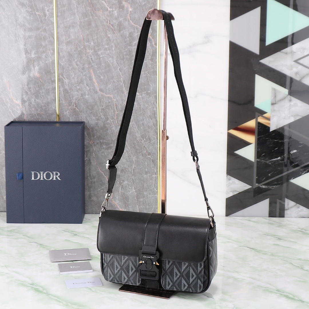 Dior Black Leather and Gray Patterned Canvas Crossbody Shoulder Bag