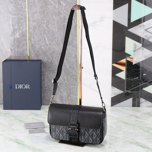 Dior Black Leather and Gray Patterned Canvas Crossbody Shoulder Bag