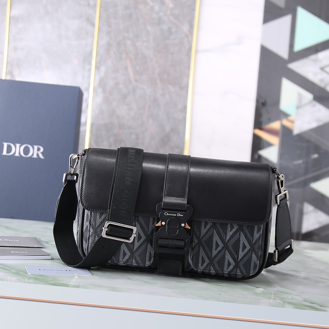 Dior Black Leather and Gray Patterned Canvas Crossbody Shoulder Bag