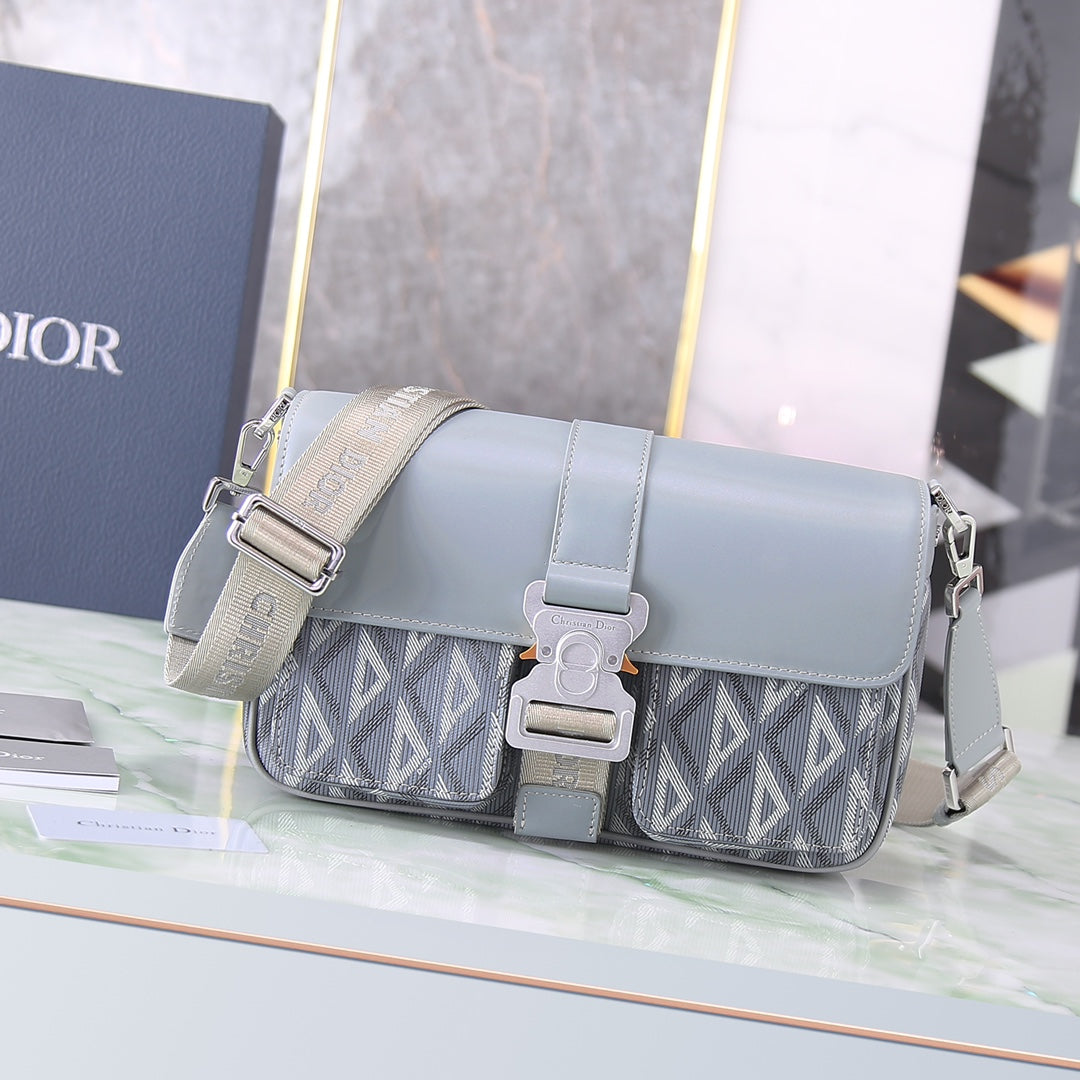 Dior Light Blue Geometric Canvas Crossbody Bag with Metal Buckle