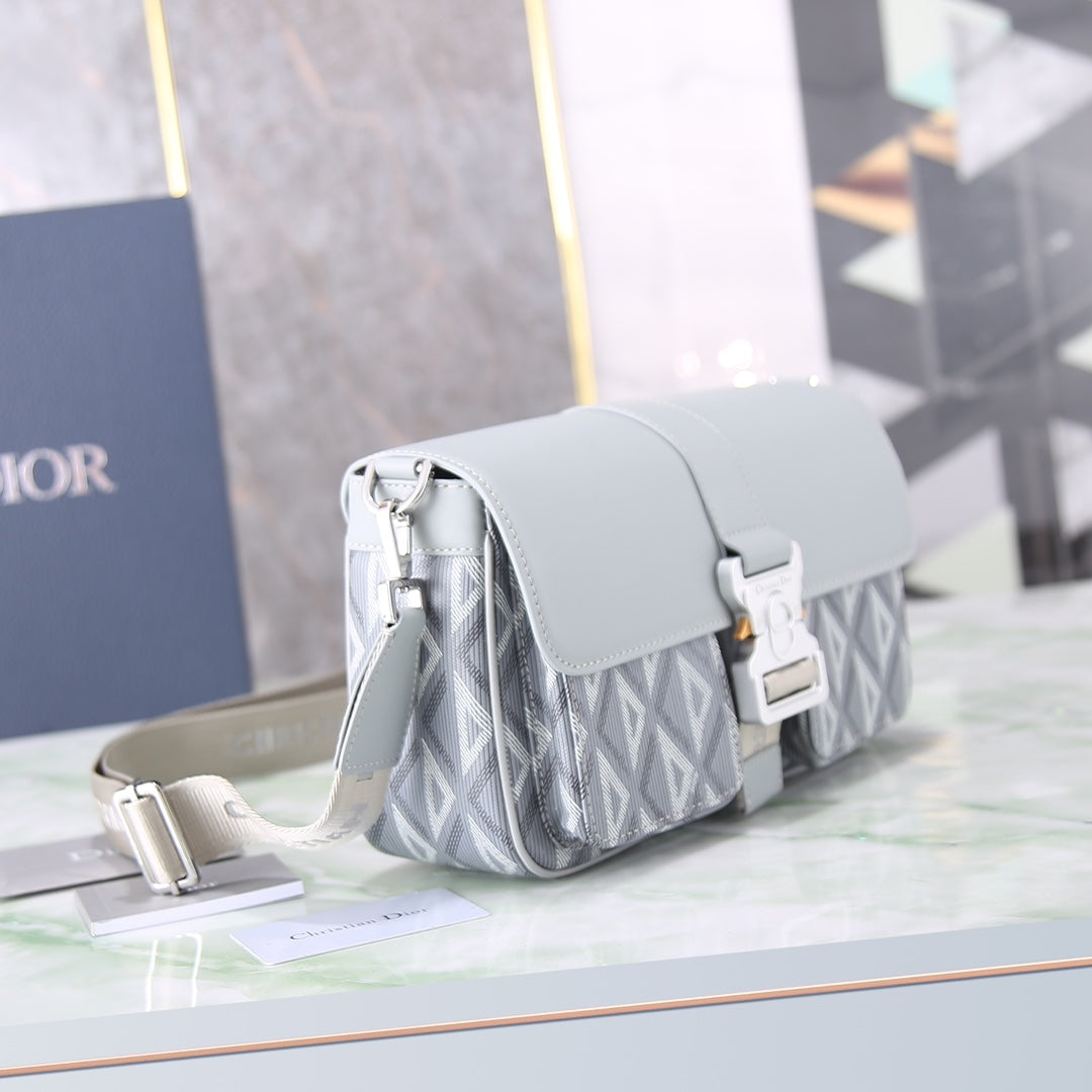 Dior Light Blue Geometric Canvas Crossbody Bag with Metal Buckle