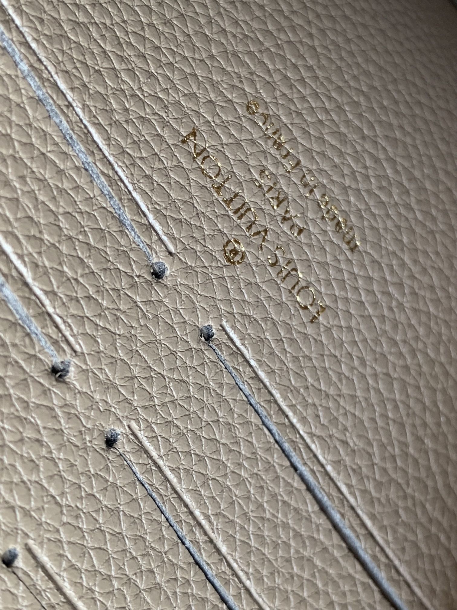 Louis Vuitton Elegant Taupe Embossed Leather Flap Handbag with Gold Chain Strap