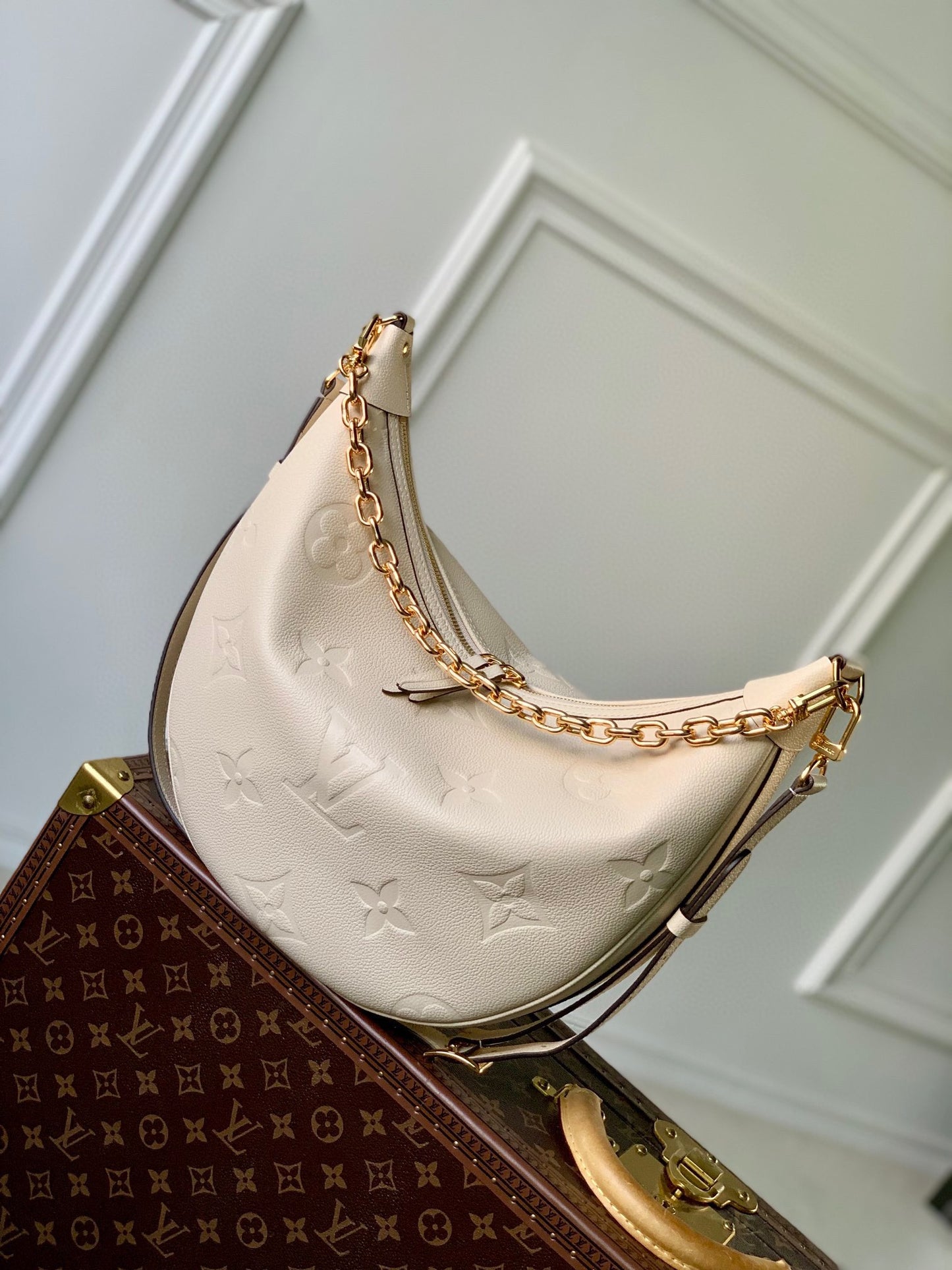 Louis Vuitton Cream Embossed Monogram Crescent Shoulder Bag with Gold Chain Detail