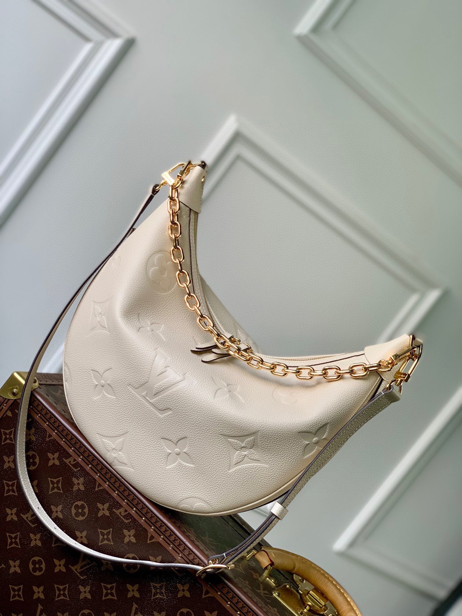 Louis Vuitton Cream Embossed Monogram Crescent Shoulder Bag with Gold Chain Detail