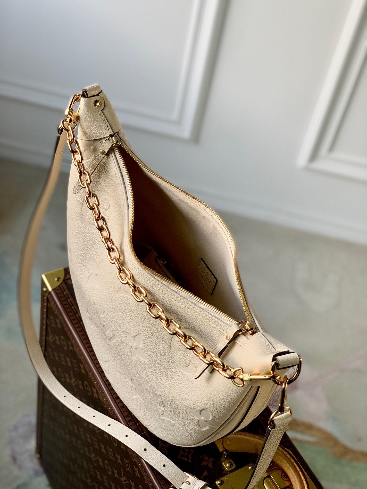 Louis Vuitton Cream Embossed Monogram Crescent Shoulder Bag with Gold Chain Detail