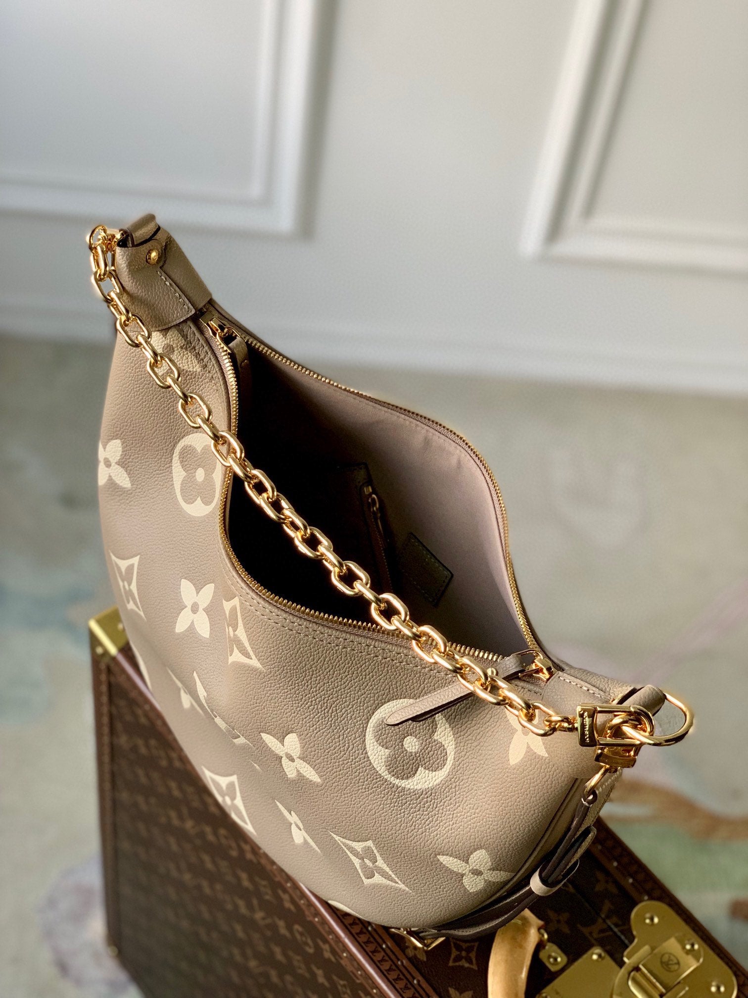 Louis Vuitton Elegant Monogram Print Taupe Leather Crescent Shoulder Bag