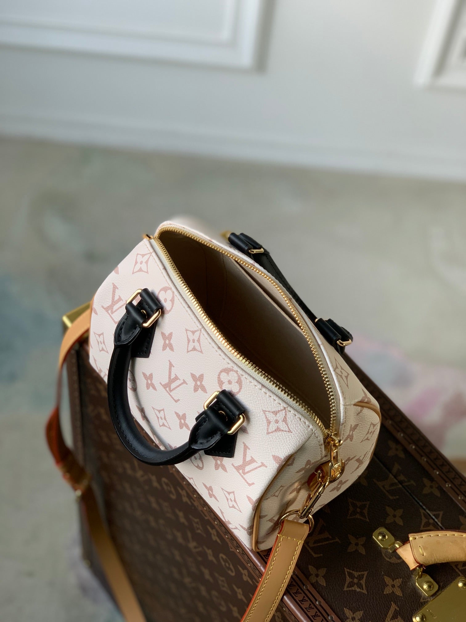 Louis Vuitton Cream Monogrammed Leather Crossbody Satchel Bag with Black Handle