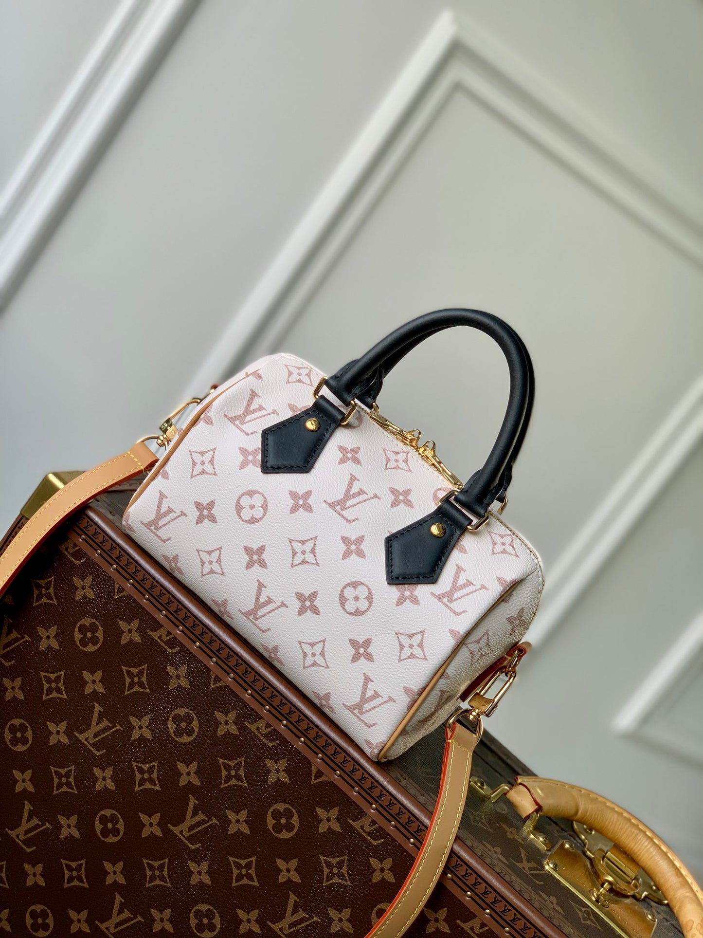 Louis Vuitton Cream Monogrammed Leather Crossbody Satchel Bag with Black Handle