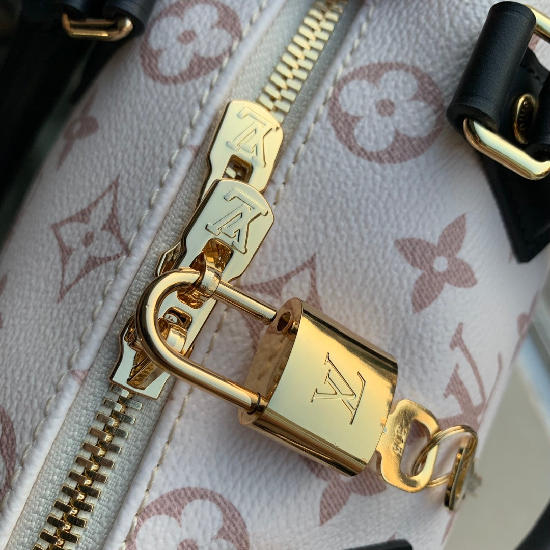 Louis Vuitton Cream Monogrammed Leather Crossbody Satchel Bag with Black Handle