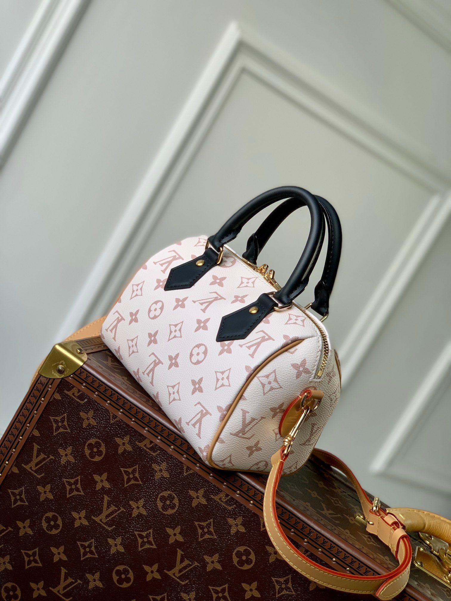 Louis Vuitton Cream Monogrammed Leather Crossbody Satchel Bag with Black Handle
