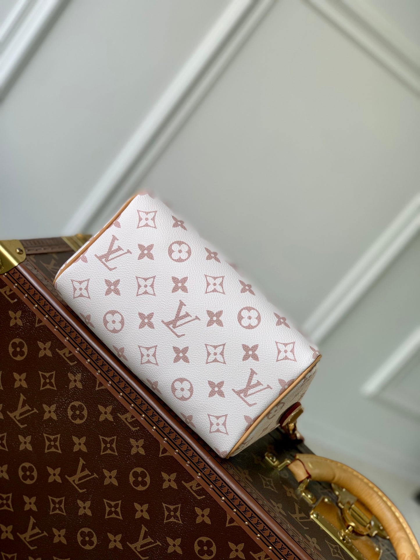 Louis Vuitton Cream Monogrammed Leather Crossbody Satchel Bag with Black Handle